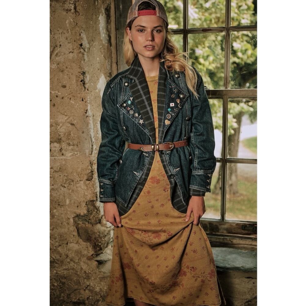 Free People Imogene Denim Officer Jacket in Ensign Wash Size XL Military Denim - Picture 7 of 16